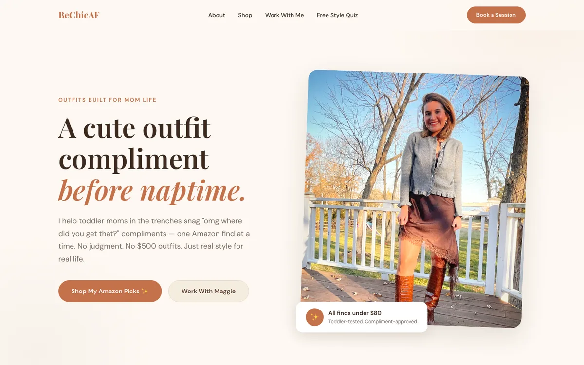 The BeChicAF homepage, showing the motion hero and shoppable outfit categories