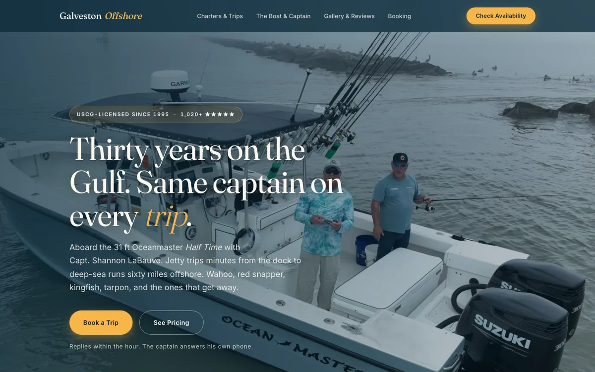 The Galveston Offshore homepage, showing the charter fishing hero