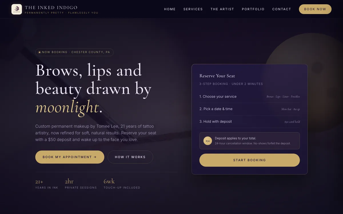 The Inked Indigo homepage, showing the studio hero and booking call to action