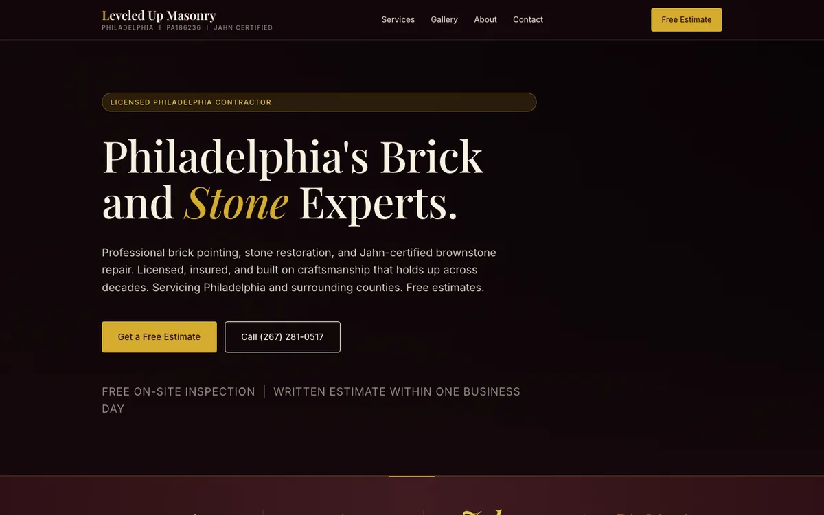The Leveled Up Masonry homepage, showing the motion hero and headline