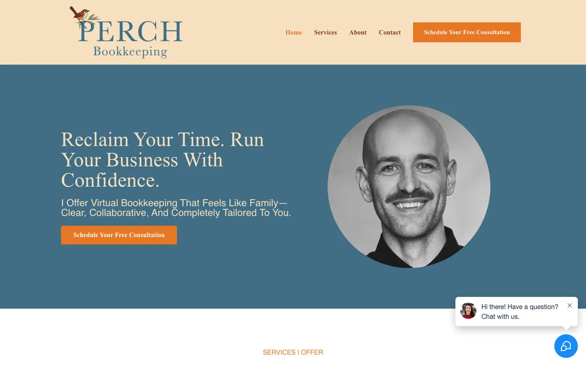 The Perch Bookkeeping homepage, showing the consultation call to action