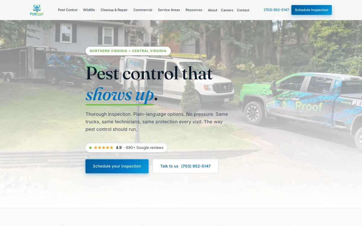 The Pest Proof homepage, showing the hero and inspection scheduling call to action