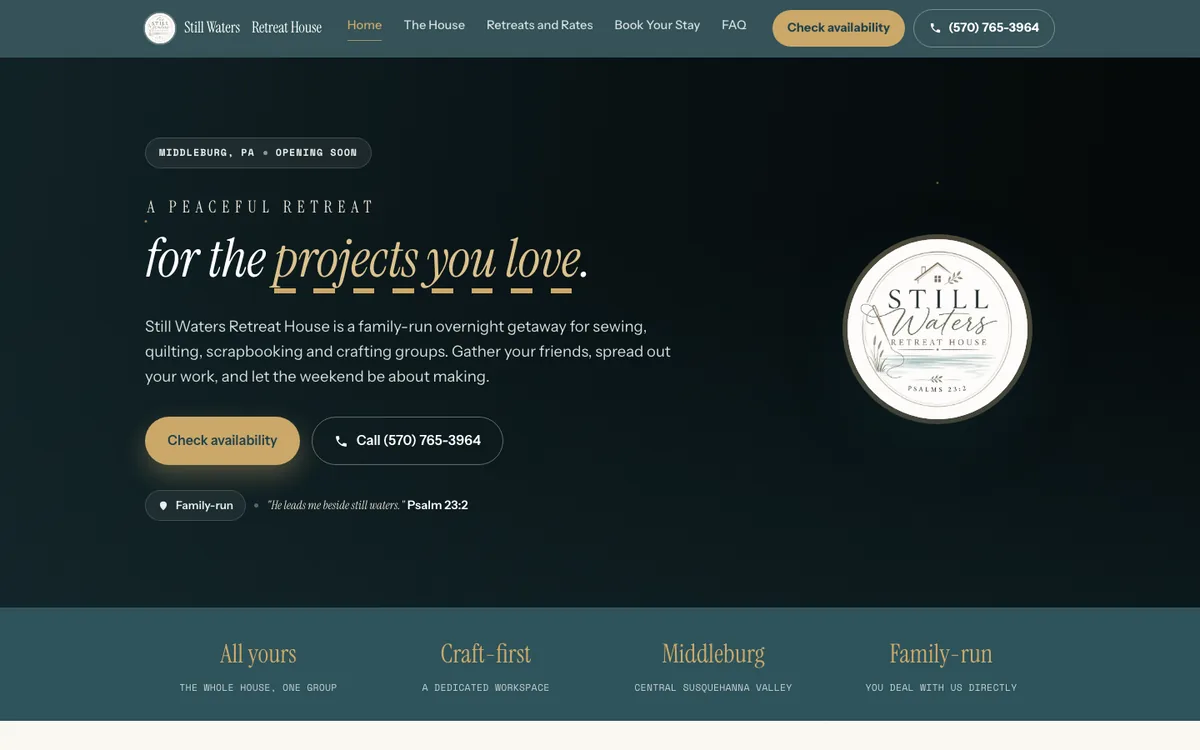 The Still Waters Retreat House homepage, showing the retreat hero and availability call to action