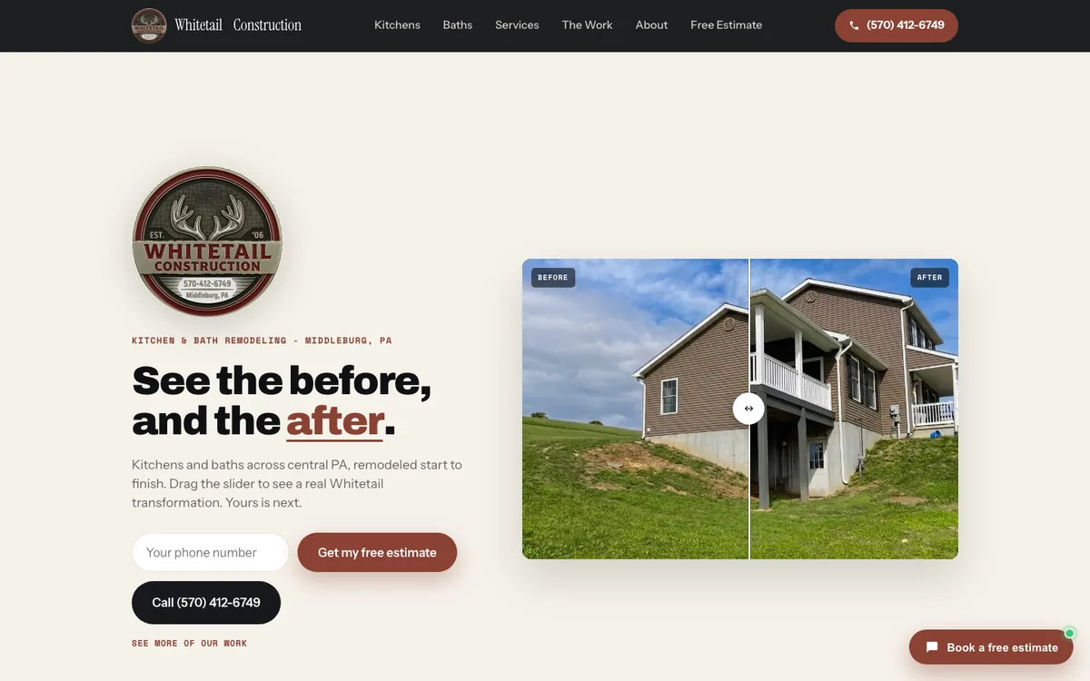 The Whitetail Construction homepage, showing a before-and-after remodel slider